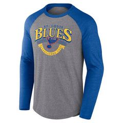 St. Louis Blues - Fanatics Goal Crease Raglan Tri-Blend Long Sleeve T-Shirt Heather Gray/Heather Blue