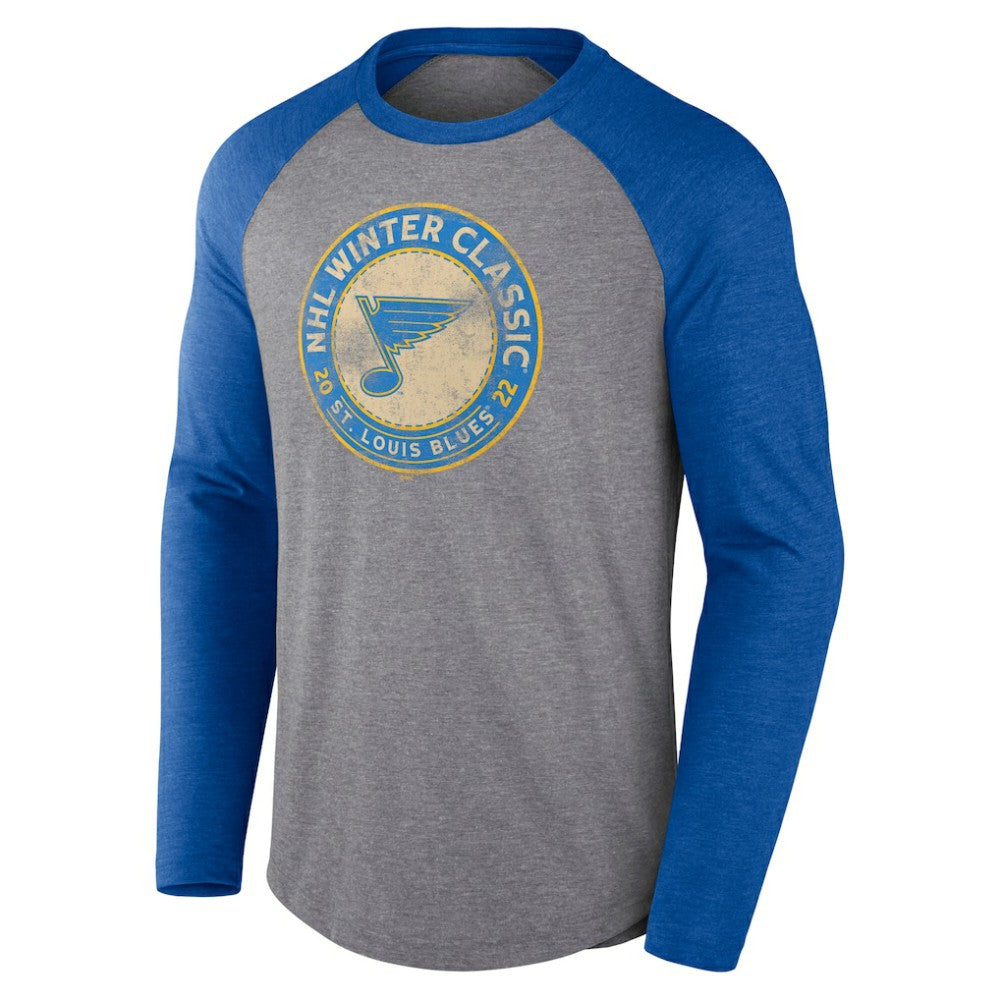 St. Louis Blues - Fanatics 2022 NHL Winter Classic Vintage Distressed Raglan Tri-Blend Long Sleeve T-Shirt Heather Gray/Heather Blue
