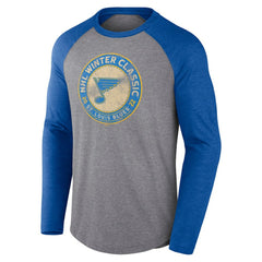 St. Louis Blues - Fanatics 2022 NHL Winter Classic Vintage Distressed Raglan Tri-Blend Long Sleeve T-Shirt Heather Gray/Heather Blue
