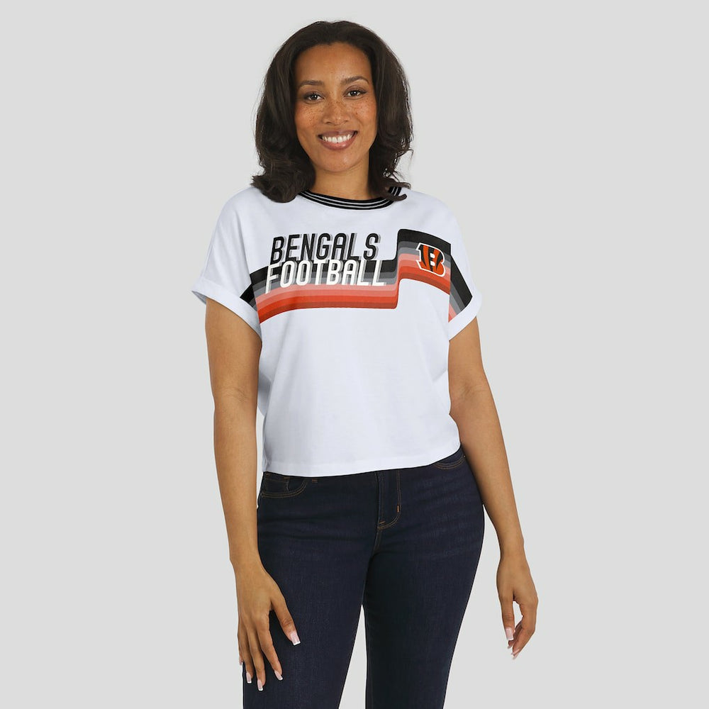 Cincinnati Bengals WEAR by Erin Andrews Women's Cropped Center Stripe Dolman T-Shirt White - NFL