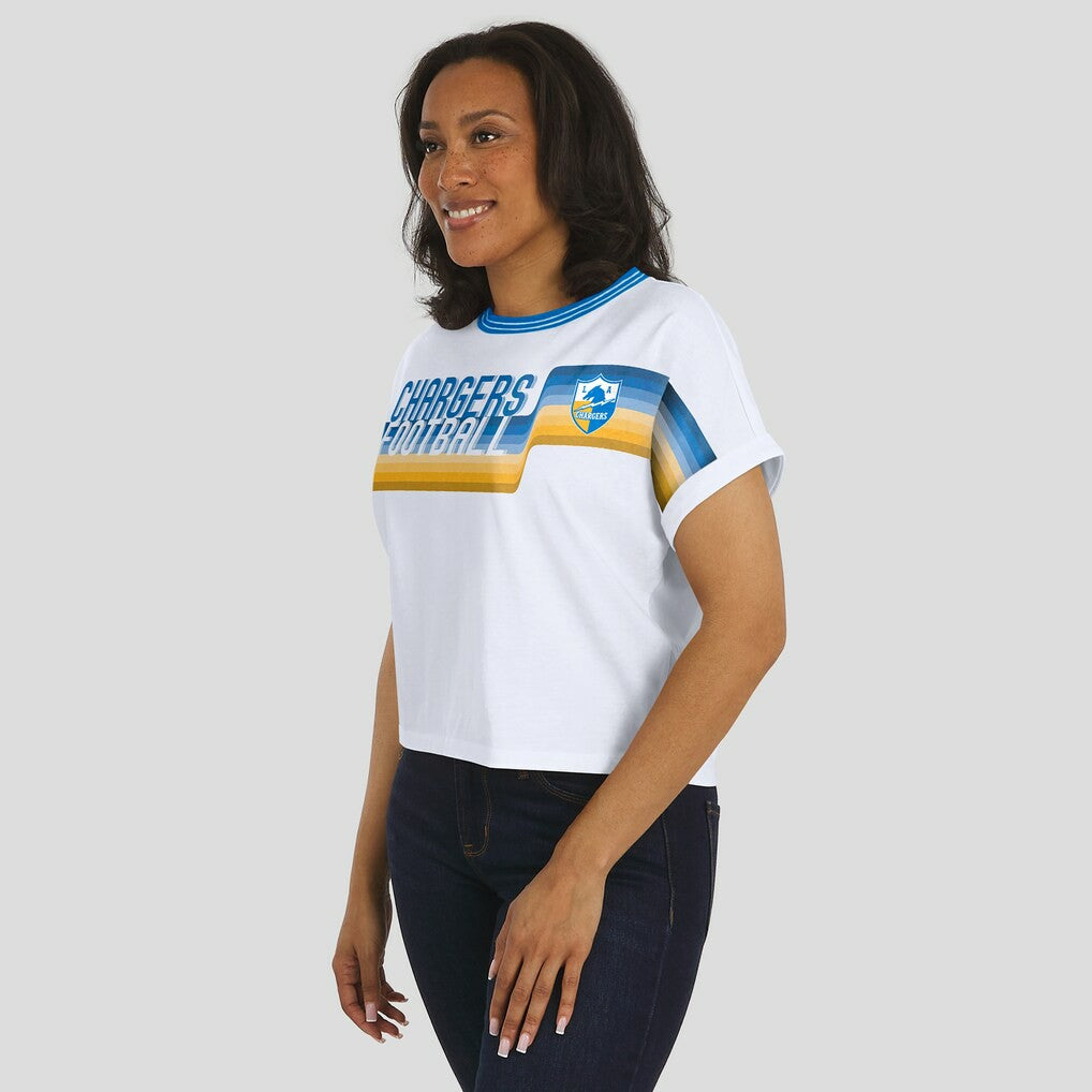Los Angeles Chargers WEAR by Erin Andrews Women's Cropped Center Stripe Dolman T-Shirt White - NFL