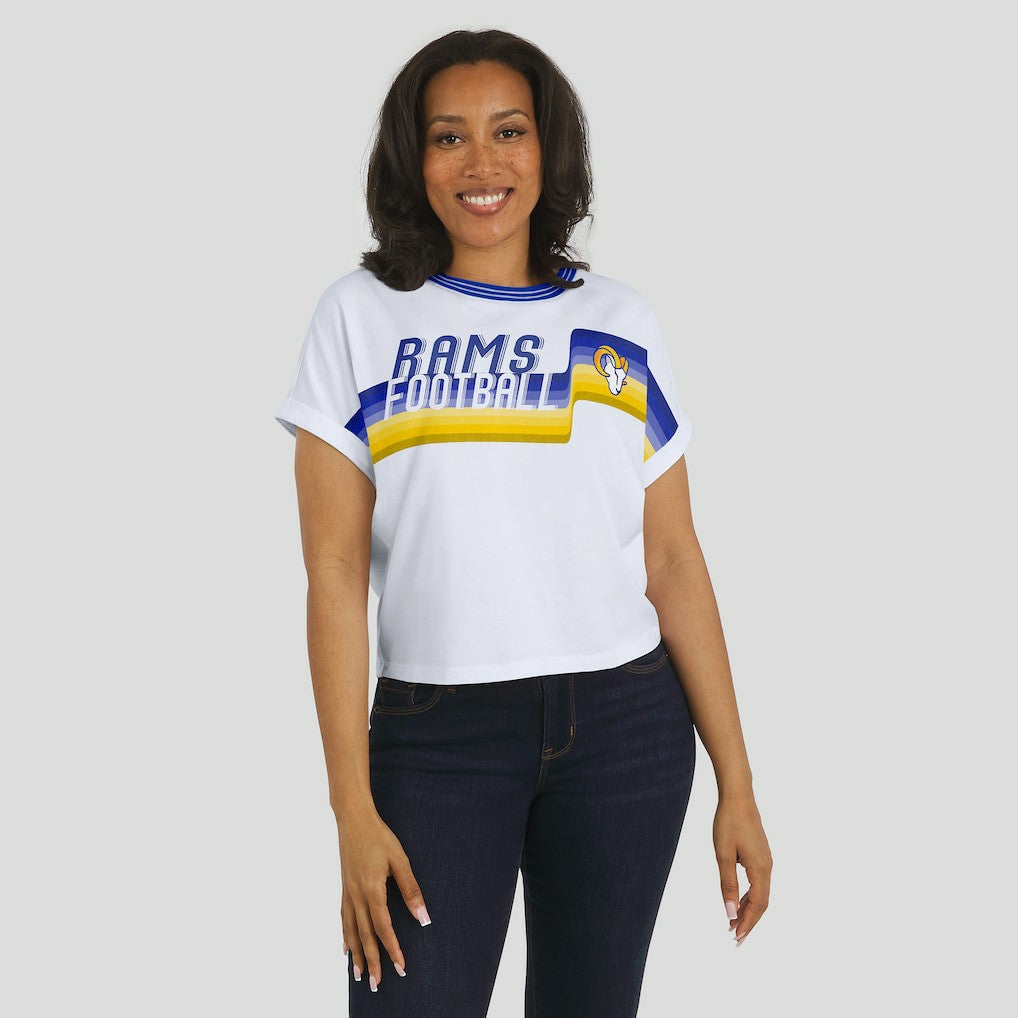 Los Angeles Rams WEAR by Erin Andrews Women's Cropped Center Stripe Dolman T-Shirt White - NFL