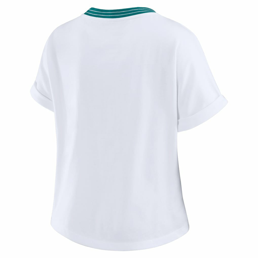 Miami Dolphins WEAR by Erin Andrews Women's Cropped Center Stripe Dolman T-Shirt White - NFL