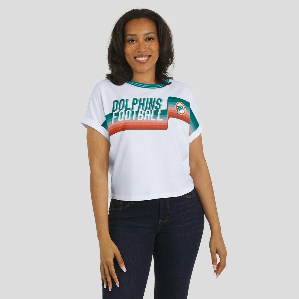 Miami Dolphins WEAR by Erin Andrews Women's Cropped Center Stripe Dolman T-Shirt White - NFL