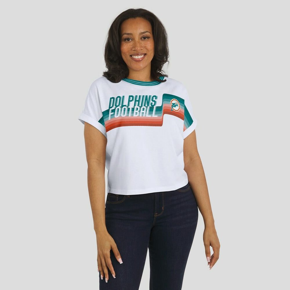 Miami Dolphins WEAR by Erin Andrews Women's Cropped Center Stripe Dolman T-Shirt White - NFL