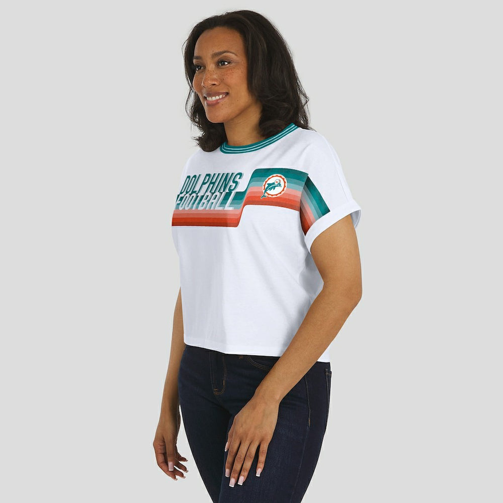 Miami Dolphins WEAR by Erin Andrews Women's Cropped Center Stripe Dolman T-Shirt White - NFL