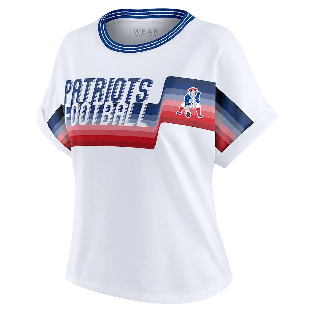 New England Patriots WEAR by Erin Andrews Women's Cropped Center Stripe Dolman T-Shirt White - NFL