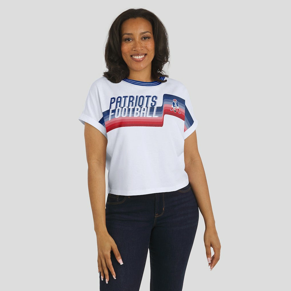 New England Patriots WEAR by Erin Andrews Women's Cropped Center Stripe Dolman T-Shirt White - NFL