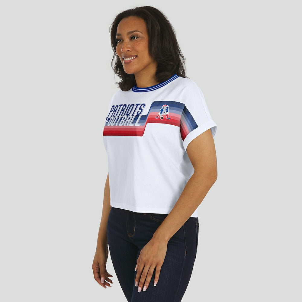 New England Patriots WEAR by Erin Andrews Women's Cropped Center Stripe Dolman T-Shirt White - NFL