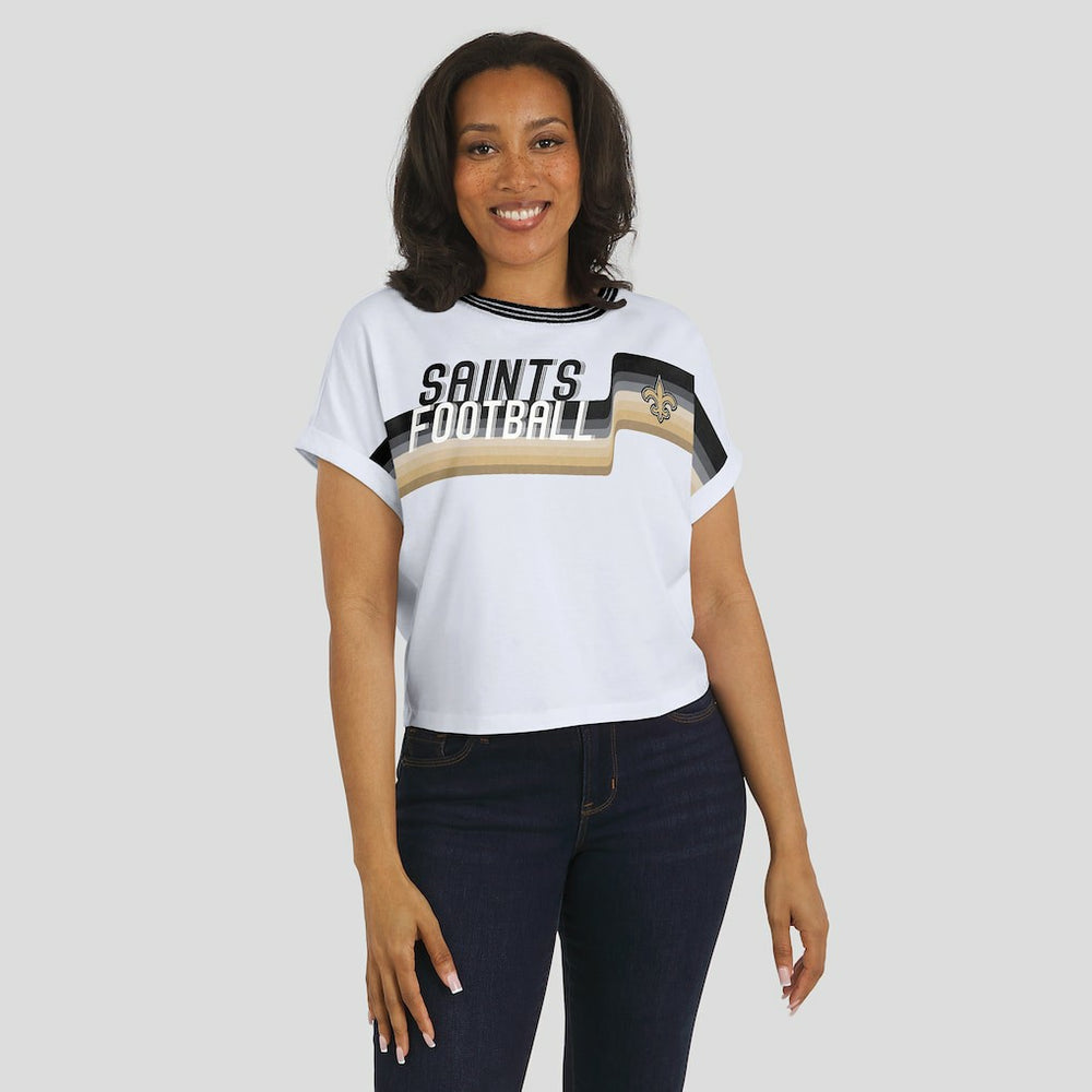 New Orleans Saints WEAR by Erin Andrews Women's Cropped Center Stripe Dolman T-Shirt White - NFL