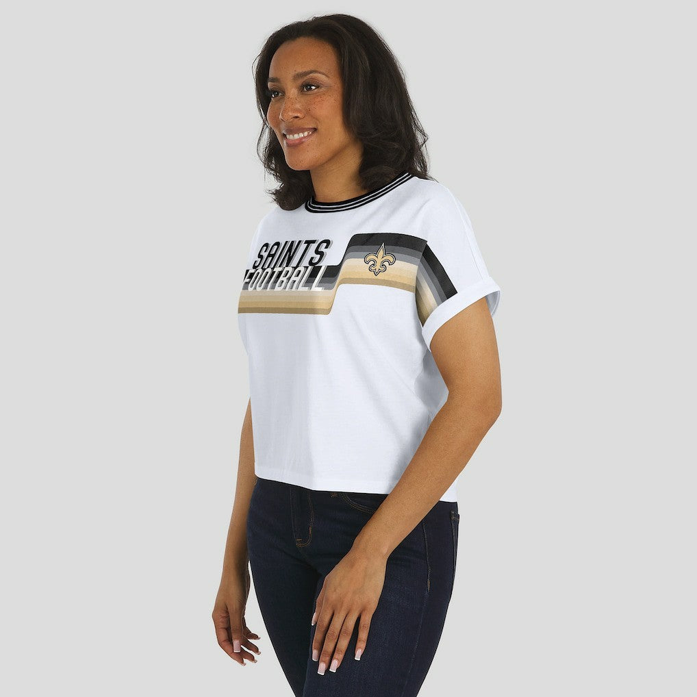New Orleans Saints WEAR by Erin Andrews Women's Cropped Center Stripe Dolman T-Shirt White - NFL