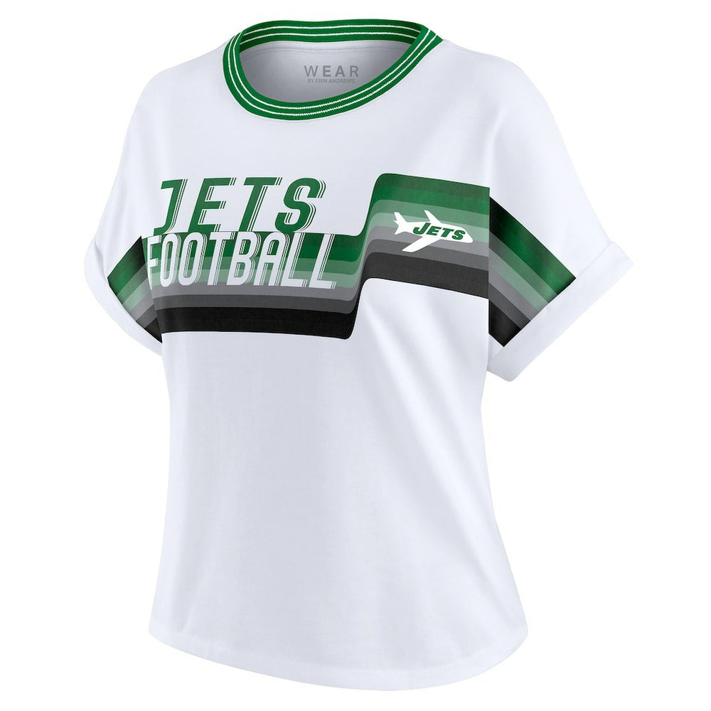 New York Jets WEAR by Erin Andrews Women's Cropped Center Stripe Dolman T-Shirt White - NFL