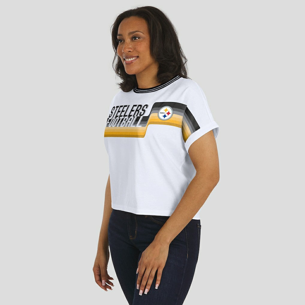 Pittsburgh Steelers WEAR by Erin Andrews Women's Cropped Center Stripe Dolman T-Shirt White - NFL