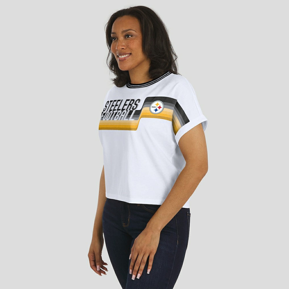 Pittsburgh Steelers WEAR by Erin Andrews Women's Cropped Center Stripe Dolman T-Shirt White - NFL