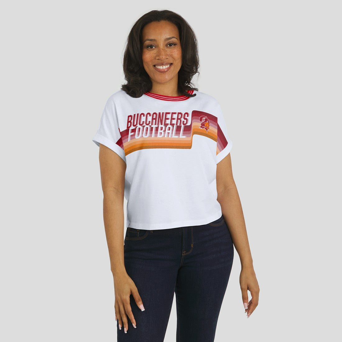 Tampa Bay Buccaneers WEAR by Erin Andrews Women's Cropped Center Stripe Dolman T-Shirt White - NFL