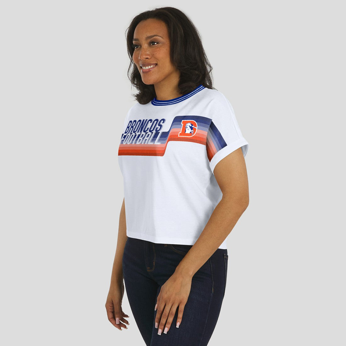 Denver Broncos WEAR by Erin Andrews Women's Cropped Center Stripe Dolman T-Shirt White - NFL