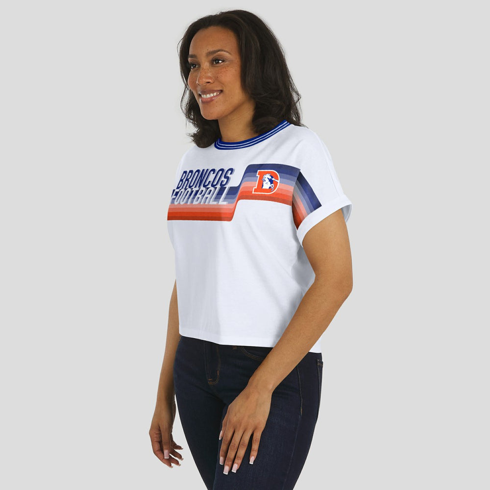 Denver Broncos WEAR by Erin Andrews Women's Cropped Center Stripe Dolman T-Shirt White - NFL