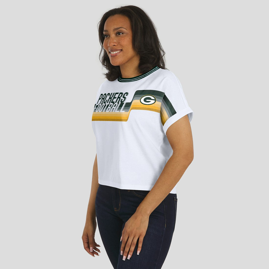 Green Bay Packers WEAR by Erin Andrews Women's Cropped Center Stripe Dolman T-Shirt White - NFL