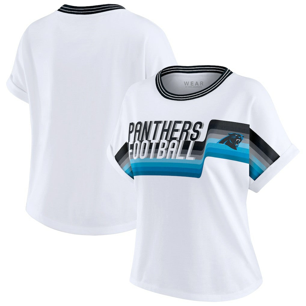Carolina Panthers WEAR by Erin Andrews Women's Cropped Center Stripe Dolman T-Shirt White - NFL