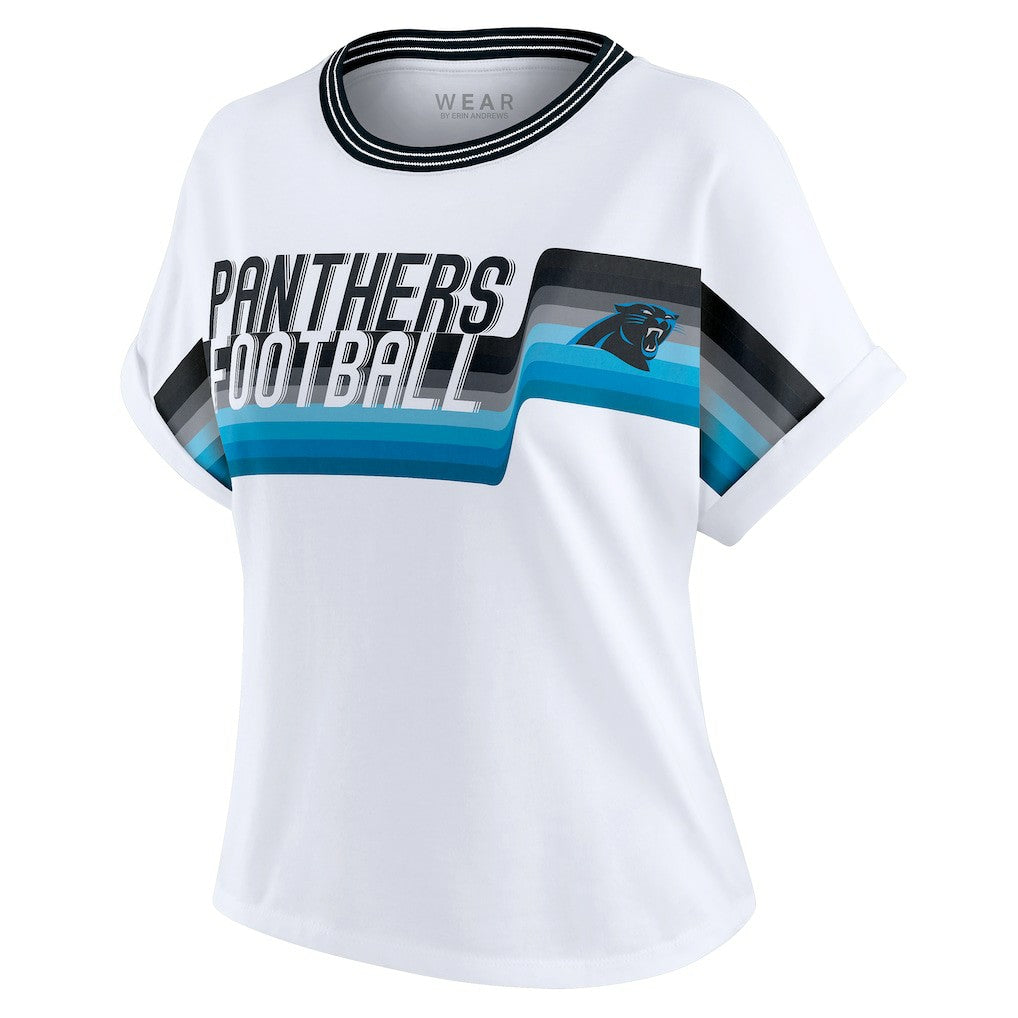 Carolina Panthers WEAR by Erin Andrews Women's Cropped Center Stripe Dolman T-Shirt White - NFL