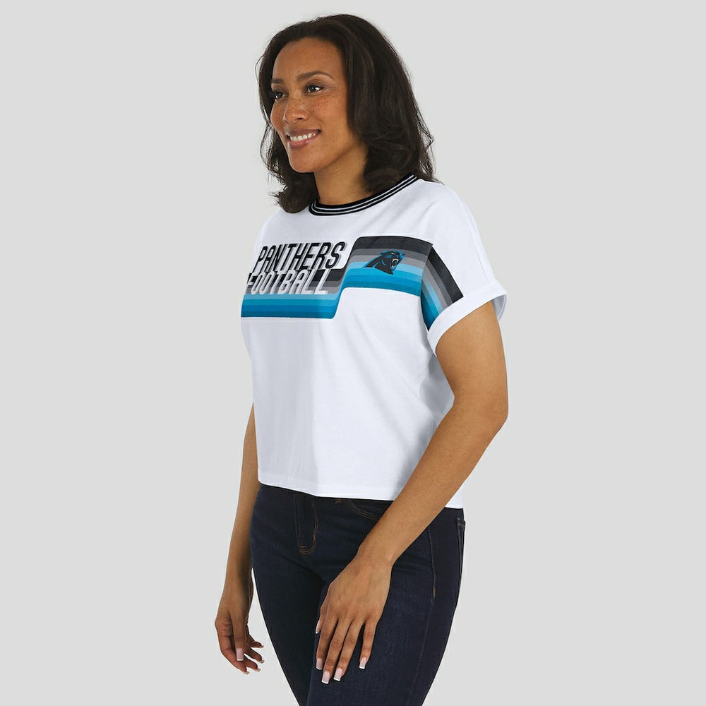 Carolina Panthers WEAR by Erin Andrews Women's Cropped Center Stripe Dolman T-Shirt White - NFL