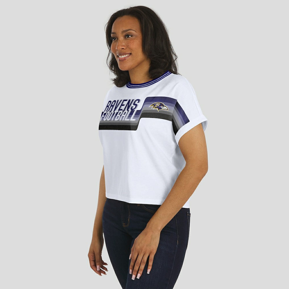 Baltimore Ravens WEAR by Erin Andrews Women's Cropped Center Stripe Dolman T-Shirt White - NFL