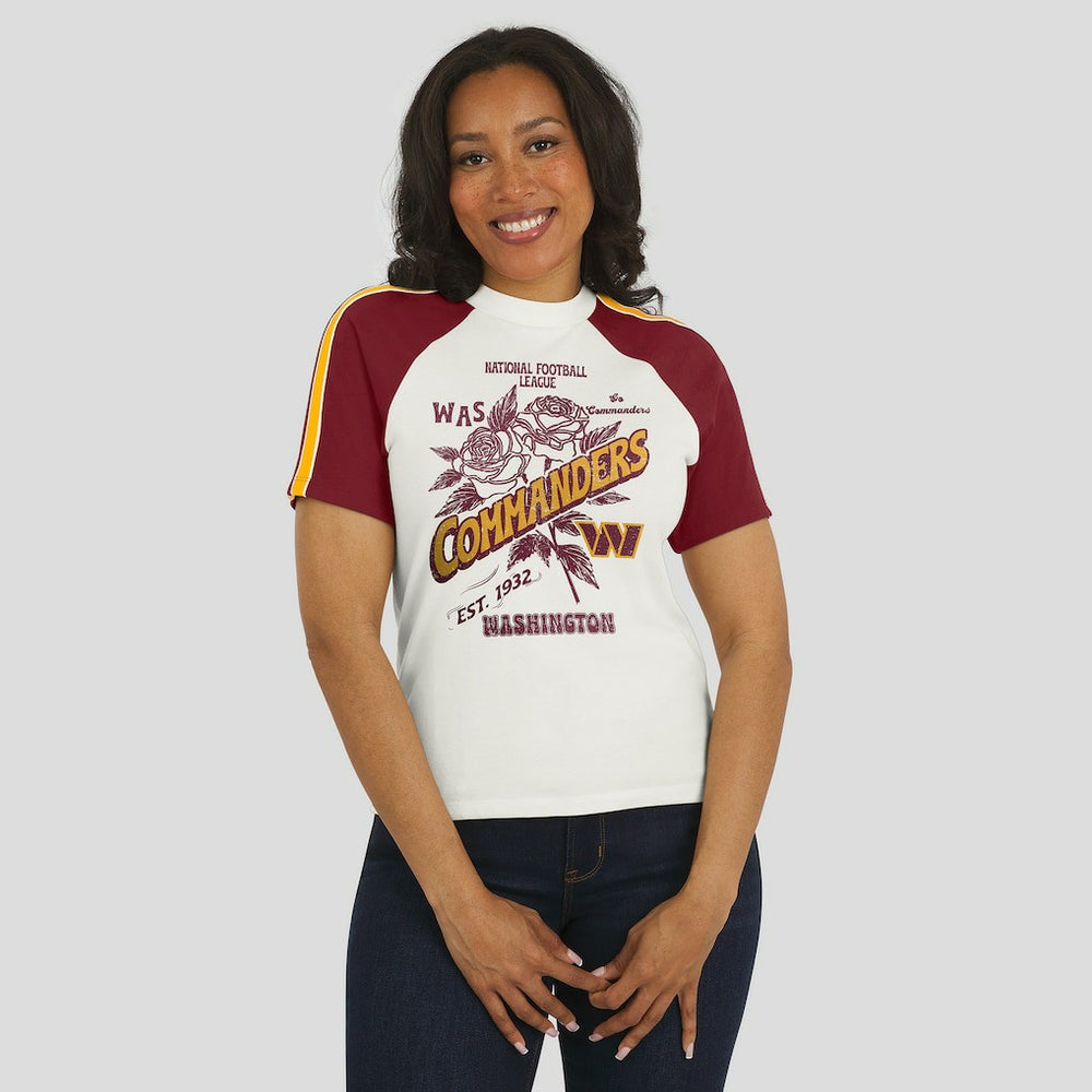 Washington Commanders WEAR by Erin Andrews Women's Sleeve Stripe Distressed Raglan T-Shirt White - NFL