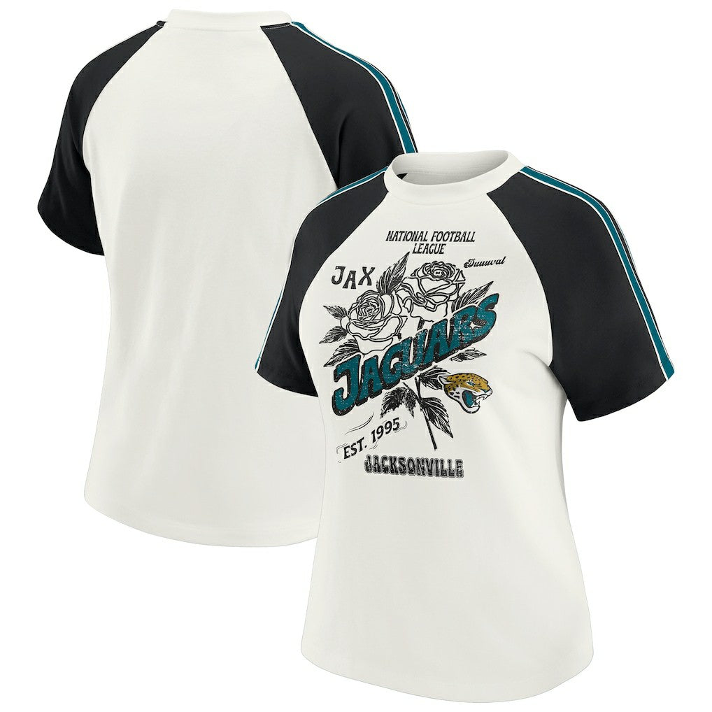Jacksonville Jaguars WEAR by Erin Andrews Women's Sleeve Stripe Distressed Raglan T-Shirt White - NFL