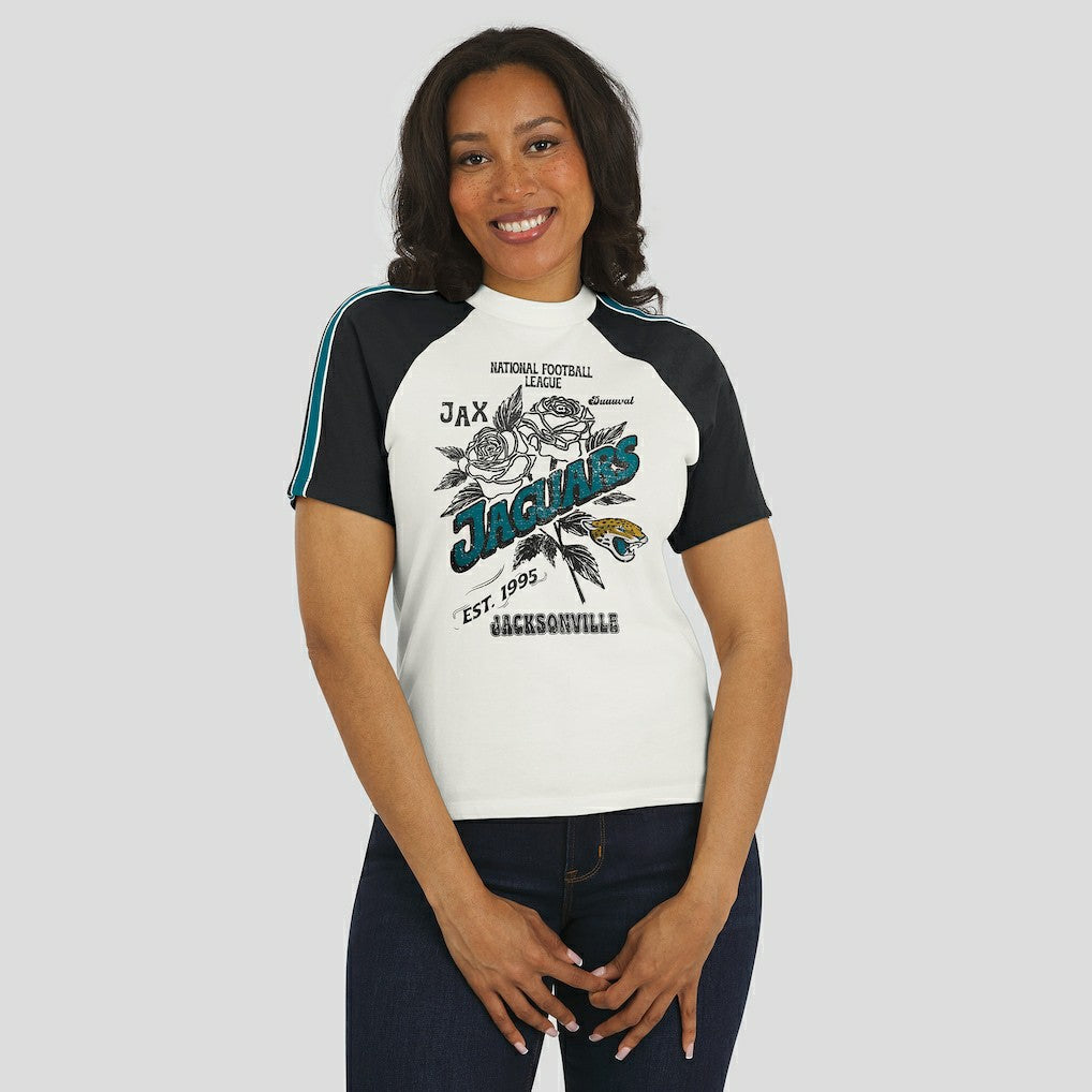 Jacksonville Jaguars WEAR by Erin Andrews Women's Sleeve Stripe Distressed Raglan T-Shirt White - NFL