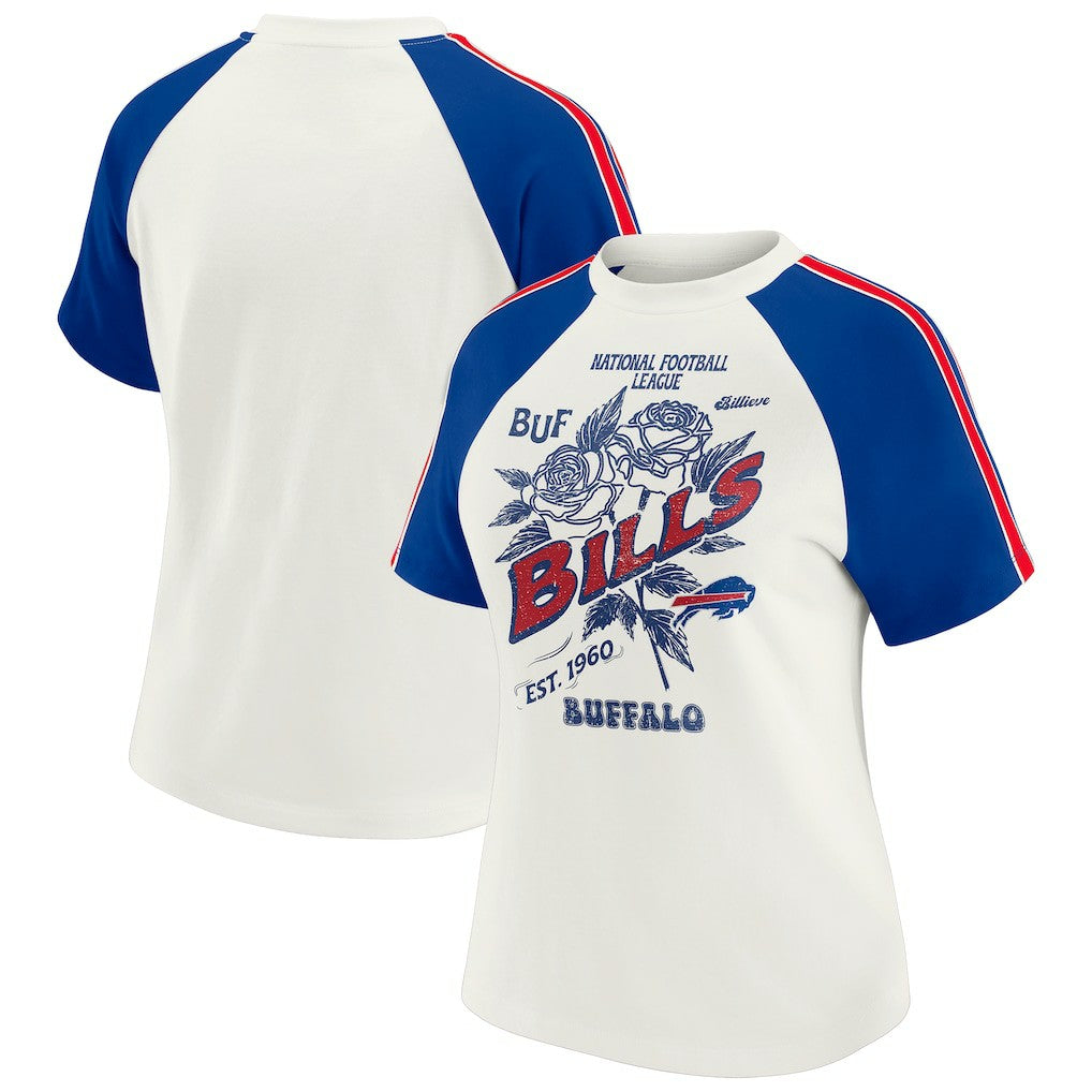 Buffalo Bills WEAR by Erin Andrews Women's Sleeve Stripe Distressed Raglan T-Shirt White - NFL