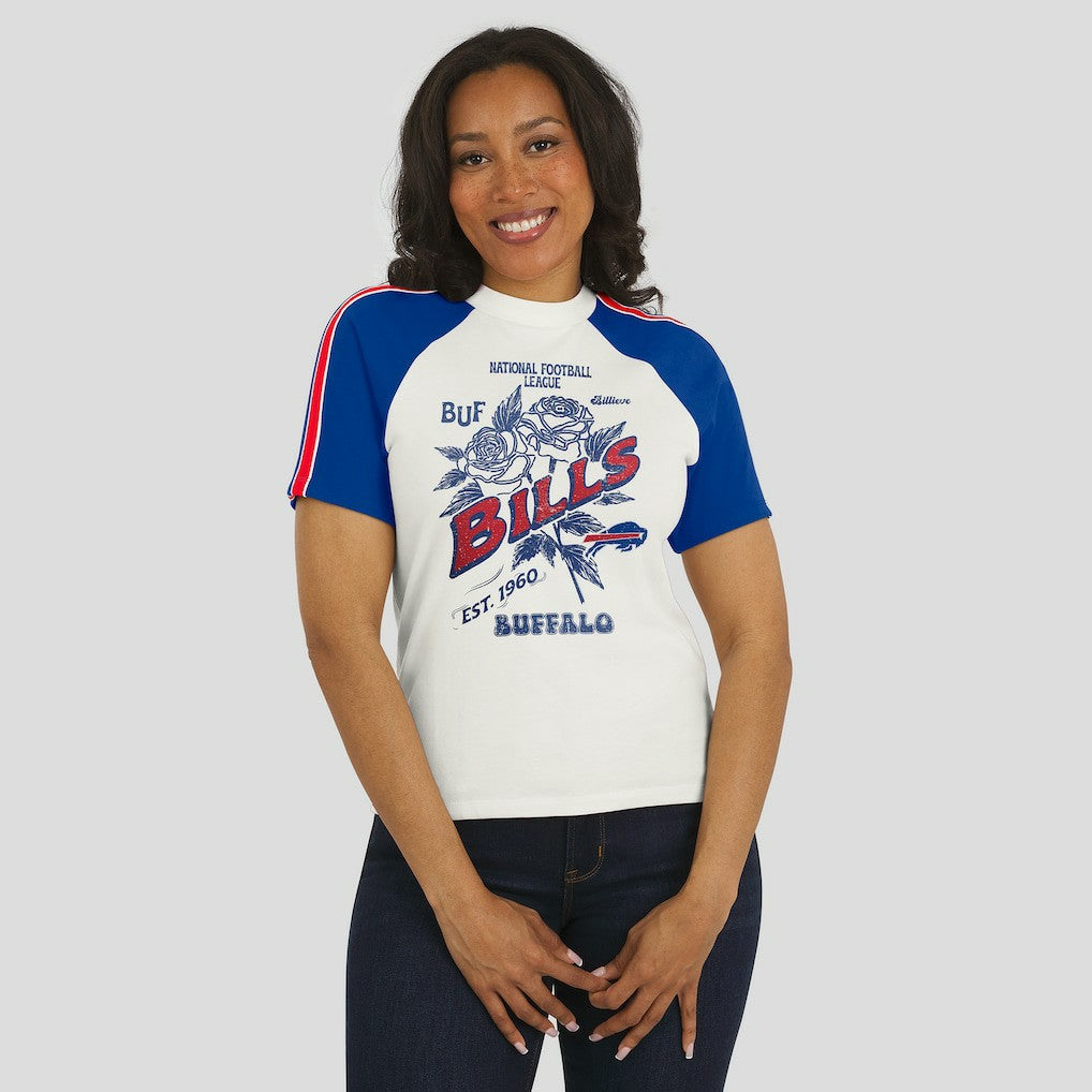 Buffalo Bills WEAR by Erin Andrews Women's Sleeve Stripe Distressed Raglan T-Shirt White - NFL