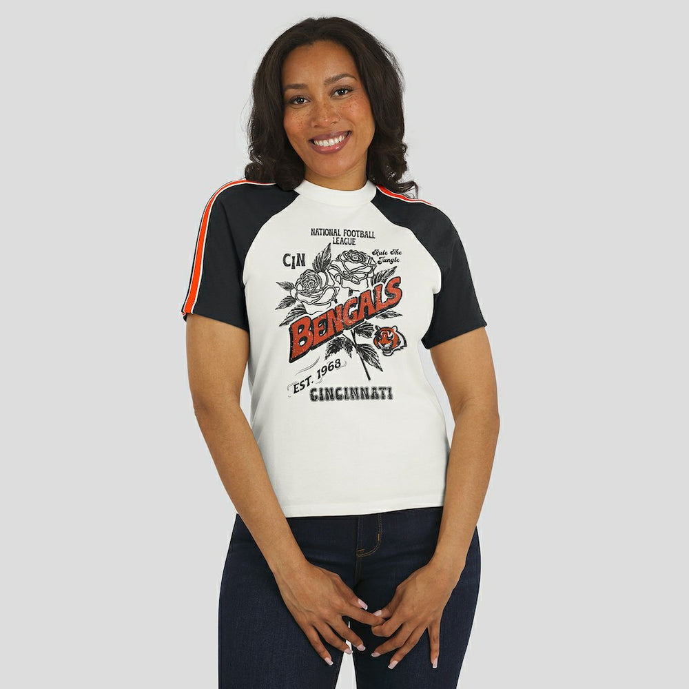 Cincinnati Bengals WEAR by Erin Andrews Women's Sleeve Stripe Distressed Raglan T-Shirt White - NFL