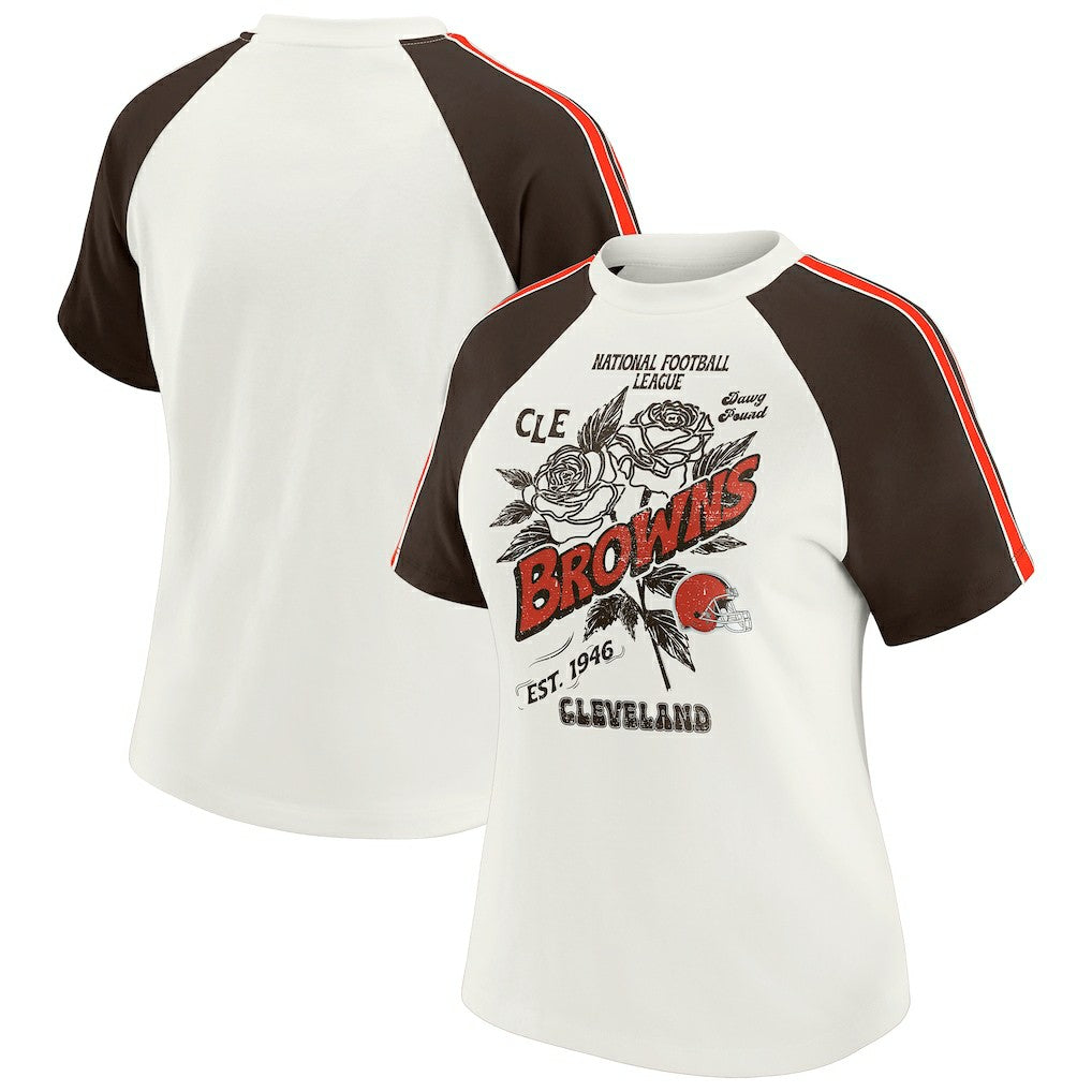 Cleveland Browns WEAR by Erin Andrews Women's Sleeve Stripe Distressed Raglan T-Shirt White - NFL