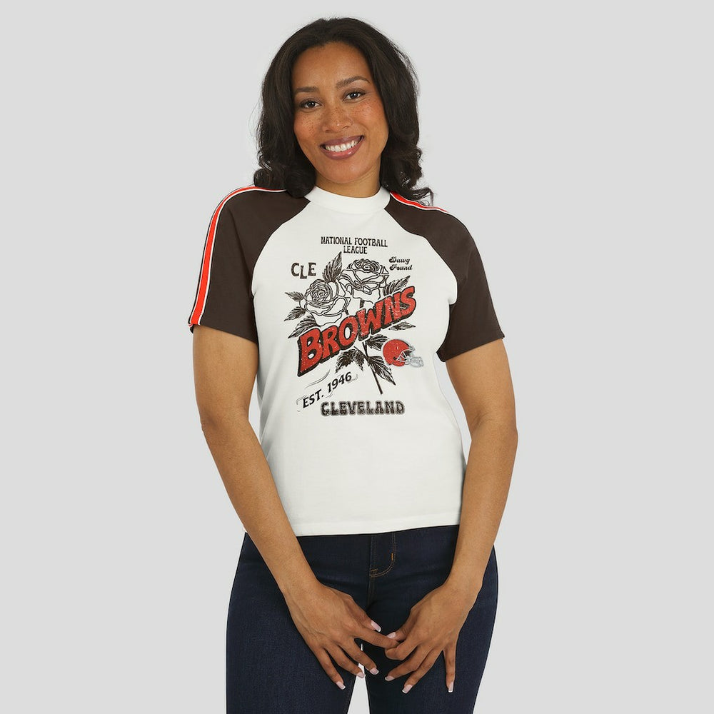 Cleveland Browns WEAR by Erin Andrews Women's Sleeve Stripe Distressed Raglan T-Shirt White - NFL