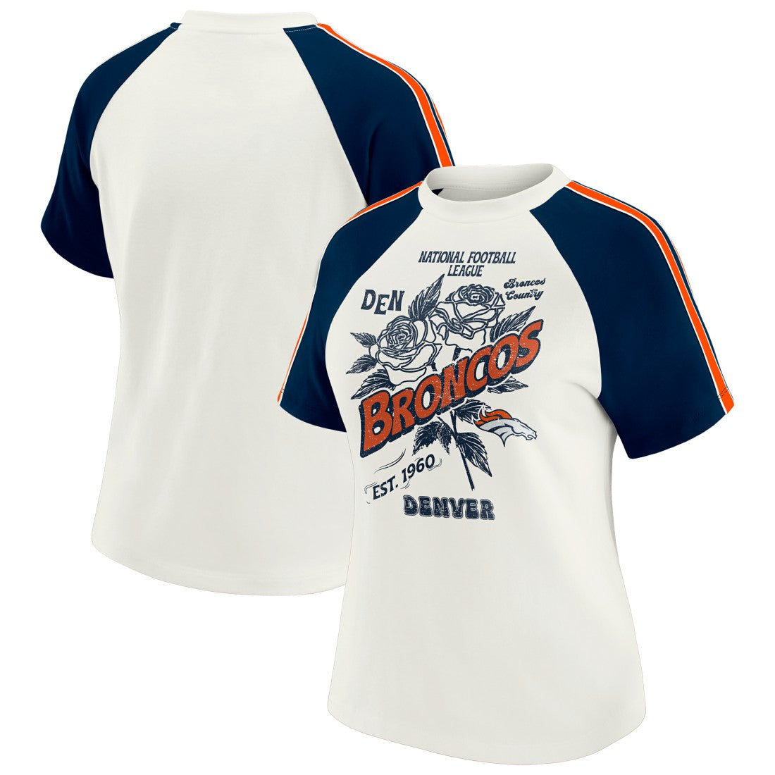 Denver Broncos WEAR by Erin Andrews Women's Sleeve Stripe Distressed Raglan T-Shirt White - NFL