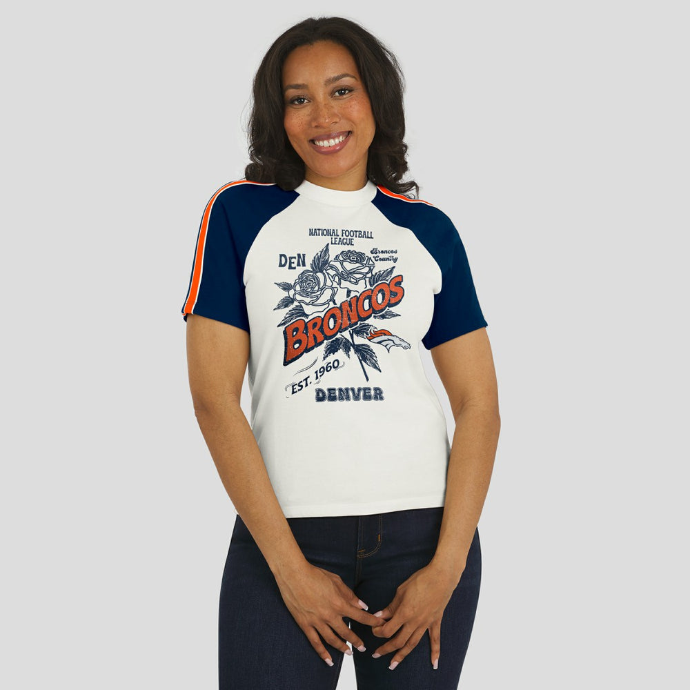 Denver Broncos WEAR by Erin Andrews Women's Sleeve Stripe Distressed Raglan T-Shirt White - NFL