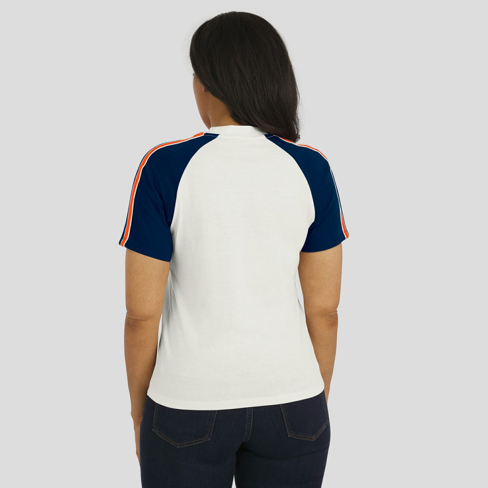 Denver Broncos WEAR by Erin Andrews Women's Sleeve Stripe Distressed Raglan T-Shirt White - NFL