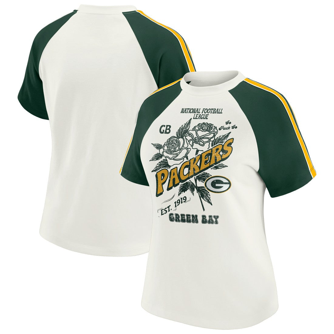 Green Bay Packers WEAR by Erin Andrews Women's Sleeve Stripe Distressed Raglan T-Shirt White - NFL