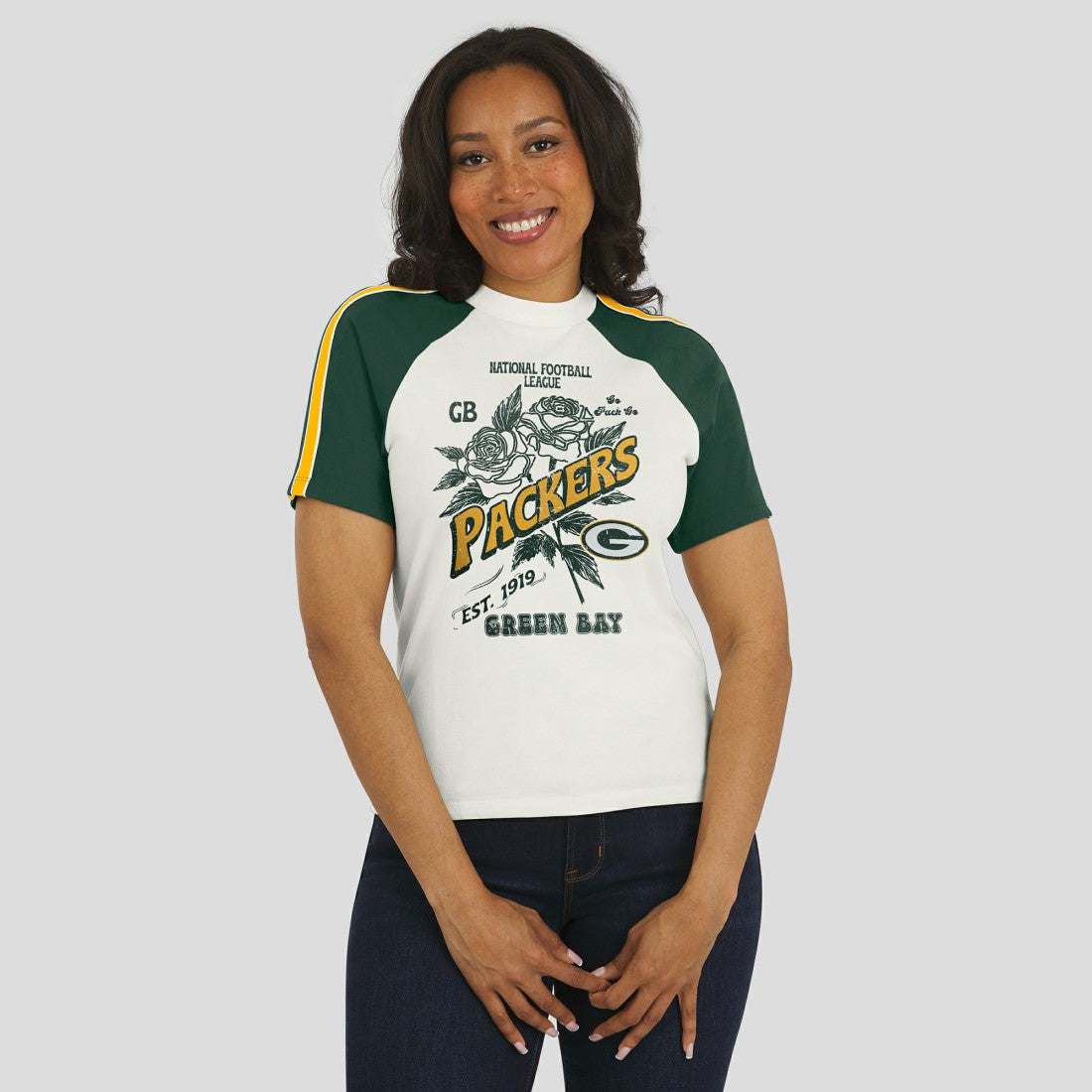 Green Bay Packers WEAR by Erin Andrews Women's Sleeve Stripe Distressed Raglan T-Shirt White - NFL