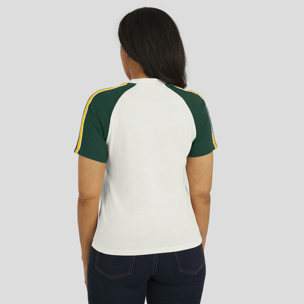 Green Bay Packers WEAR by Erin Andrews Women's Sleeve Stripe Distressed Raglan T-Shirt White - NFL