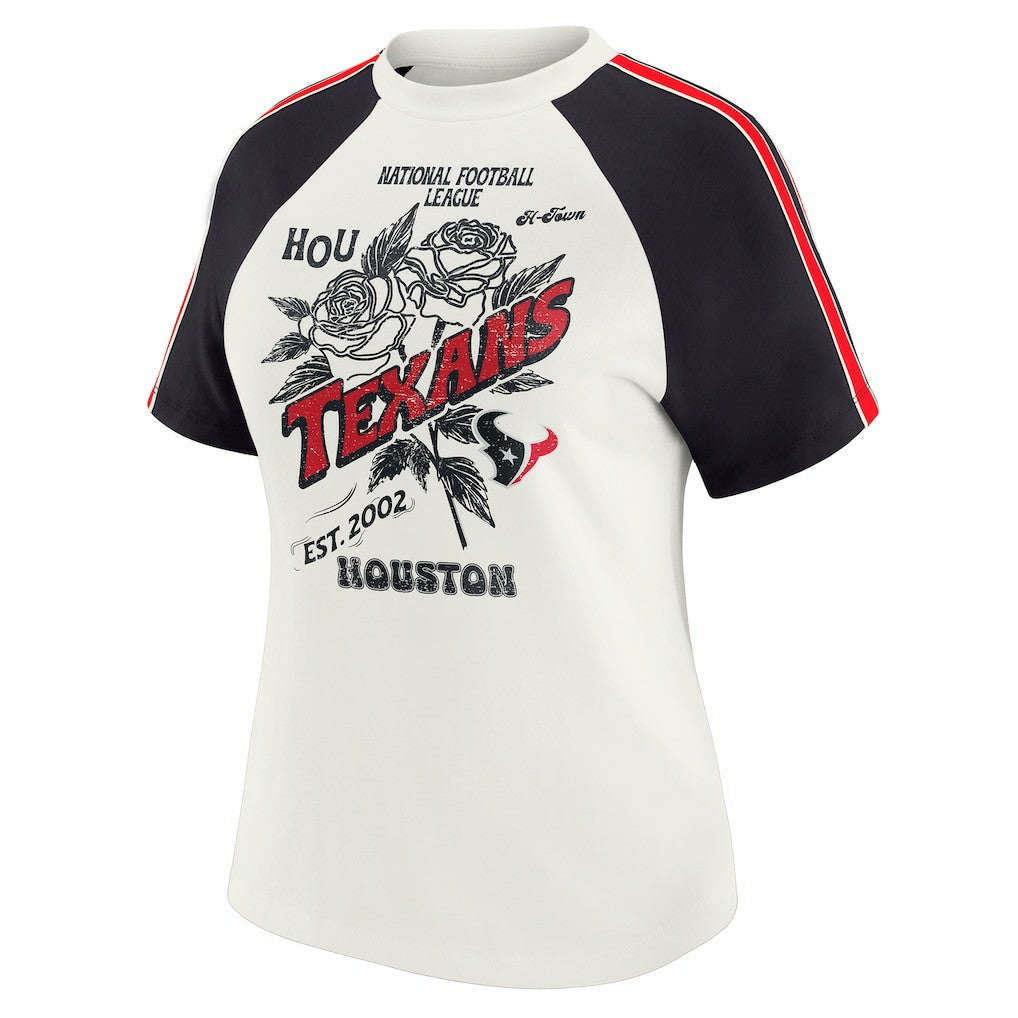 Houston Texans WEAR by Erin Andrews Women's Sleeve Stripe Distressed Raglan T-Shirt White - NFL