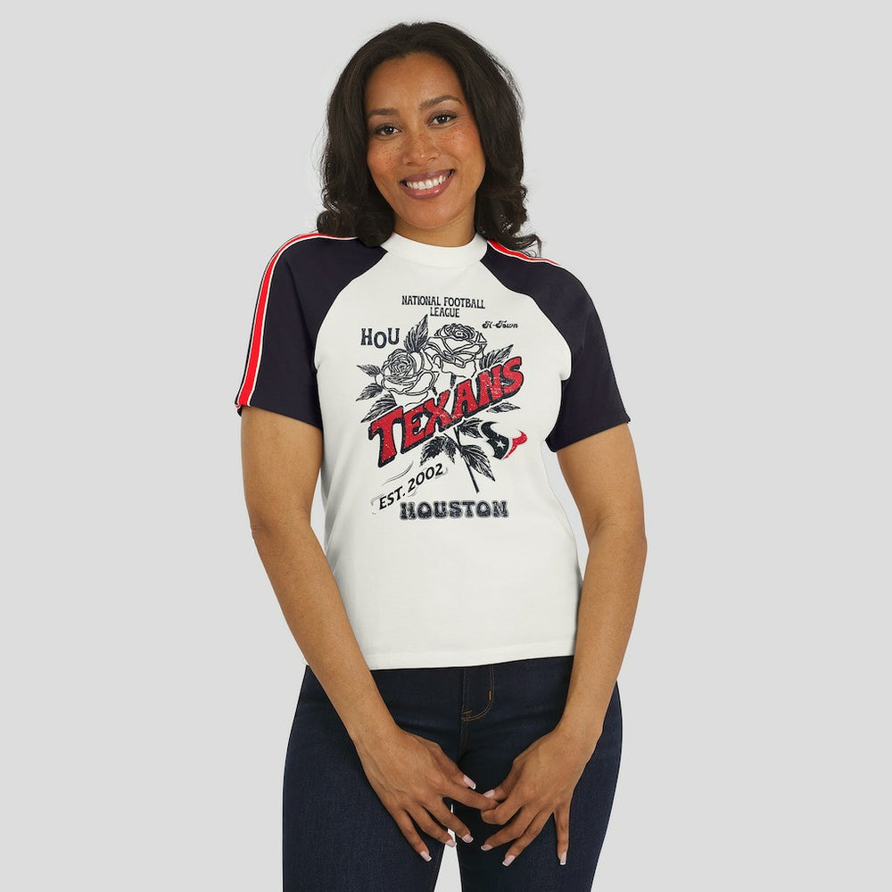 Houston Texans WEAR by Erin Andrews Women's Sleeve Stripe Distressed Raglan T-Shirt White - NFL
