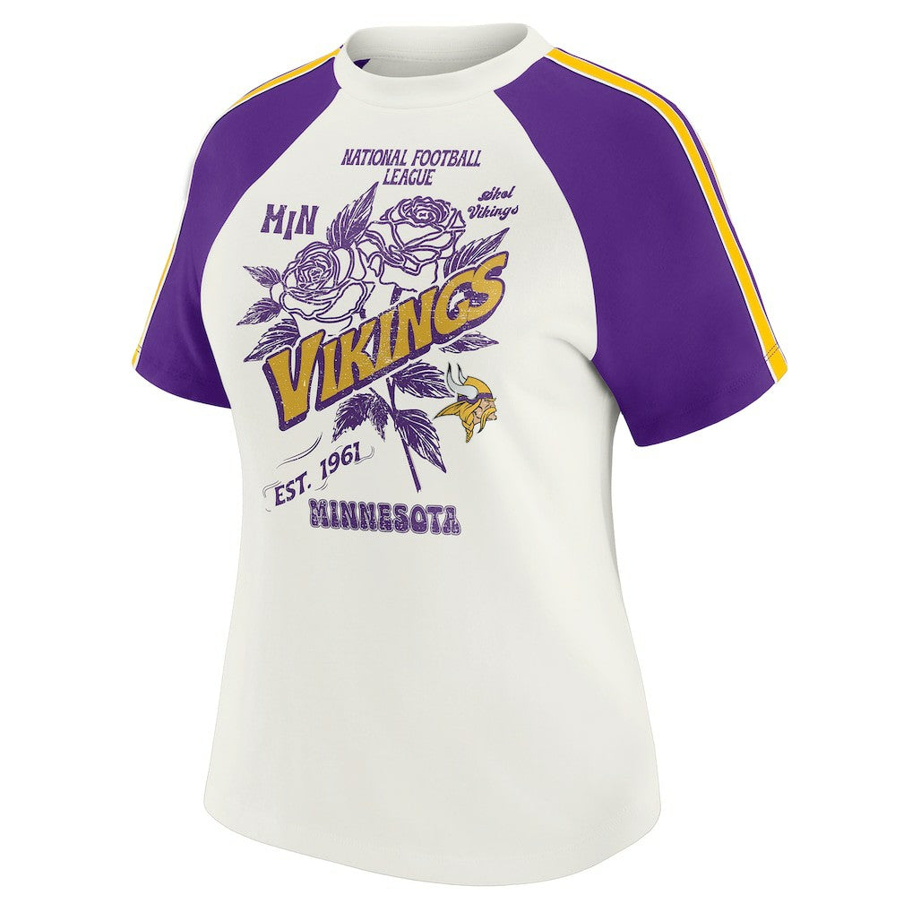 Minnesota Vikings WEAR by Erin Andrews Women's Sleeve Stripe Distressed Raglan T-Shirt White - NFL