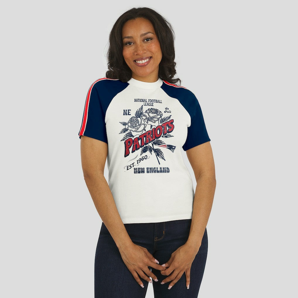 New England Patriots WEAR by Erin Andrews Women's Sleeve Stripe Distressed Raglan T-Shirt White - NFL