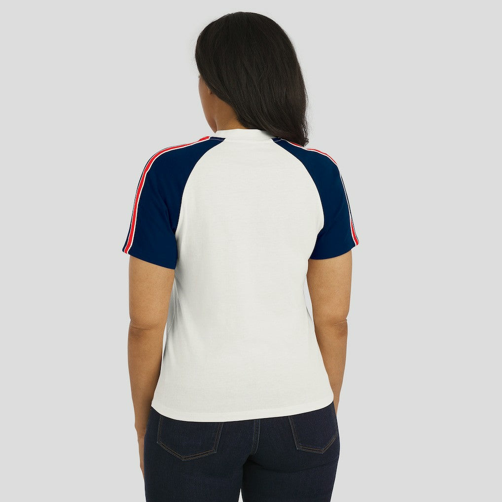 New England Patriots WEAR by Erin Andrews Women's Sleeve Stripe Distressed Raglan T-Shirt White - NFL