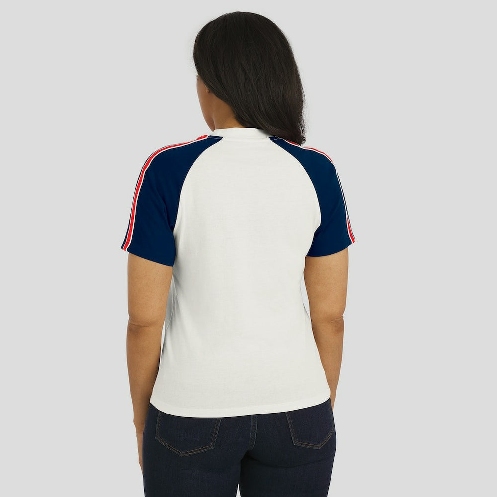 New England Patriots WEAR by Erin Andrews Women's Sleeve Stripe Distressed Raglan T-Shirt White - NFL