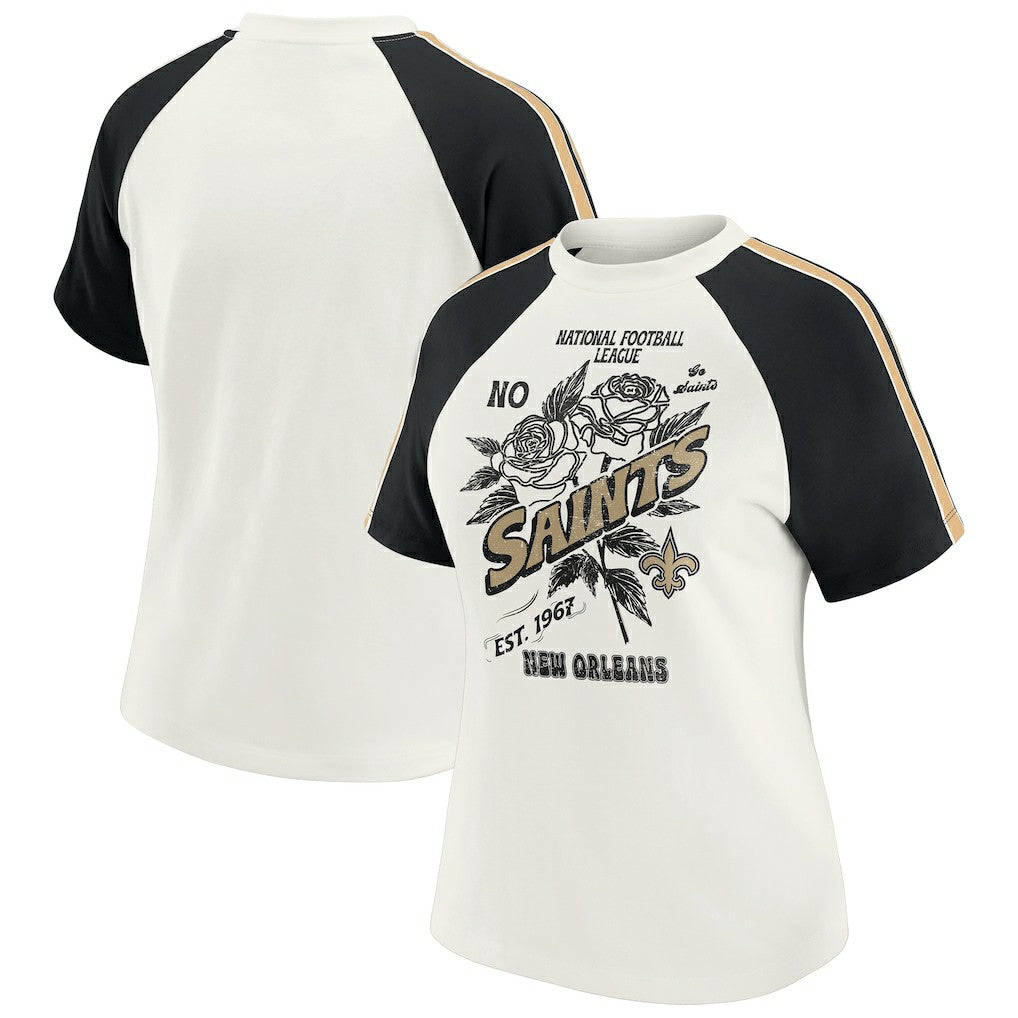 New Orleans Saints WEAR by Erin Andrews Women's Sleeve Stripe Distressed Raglan T-Shirt White - NFL