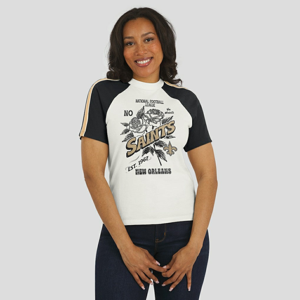 New Orleans Saints WEAR by Erin Andrews Women's Sleeve Stripe Distressed Raglan T-Shirt White - NFL
