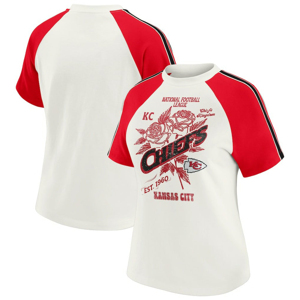 Kansas City Chiefs WEAR by Erin Andrews Women's Sleeve Stripe Distressed Raglan T-Shirt White - NFL