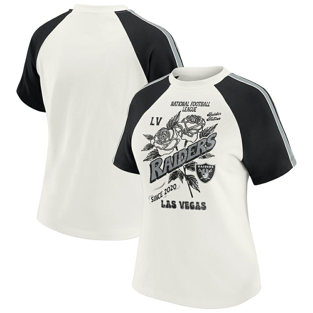 Las Vegas Raiders WEAR by Erin Andrews Women's Sleeve Stripe Distressed Raglan T-Shirt White - NFL